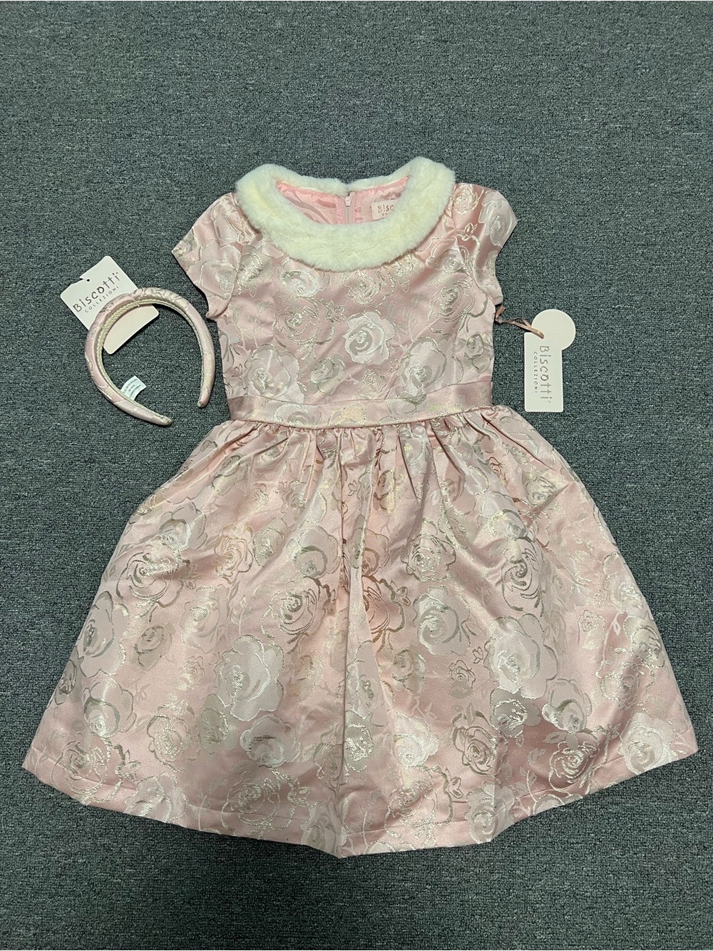 Biscotti Girl’s Light Pink Floral Jacquard Dress with Faux Fur Trim 8T